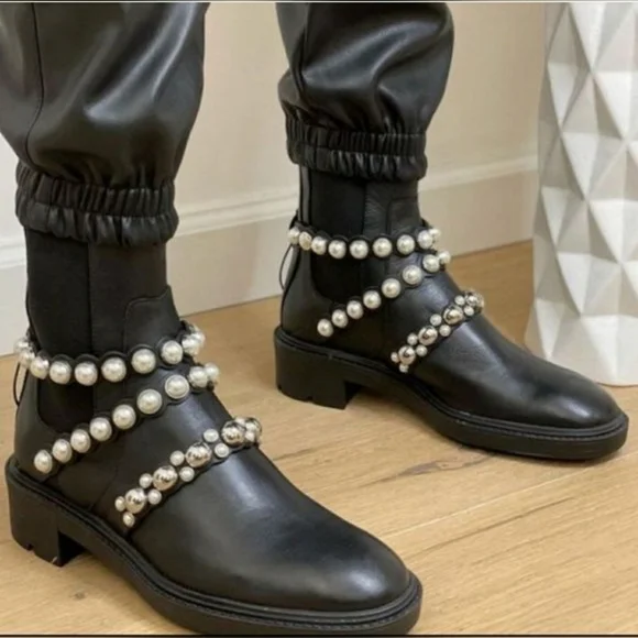 NWT Zara Black Leather Faux Pearl Accents Ankle Boots Size 38 - Picture 5 of 13